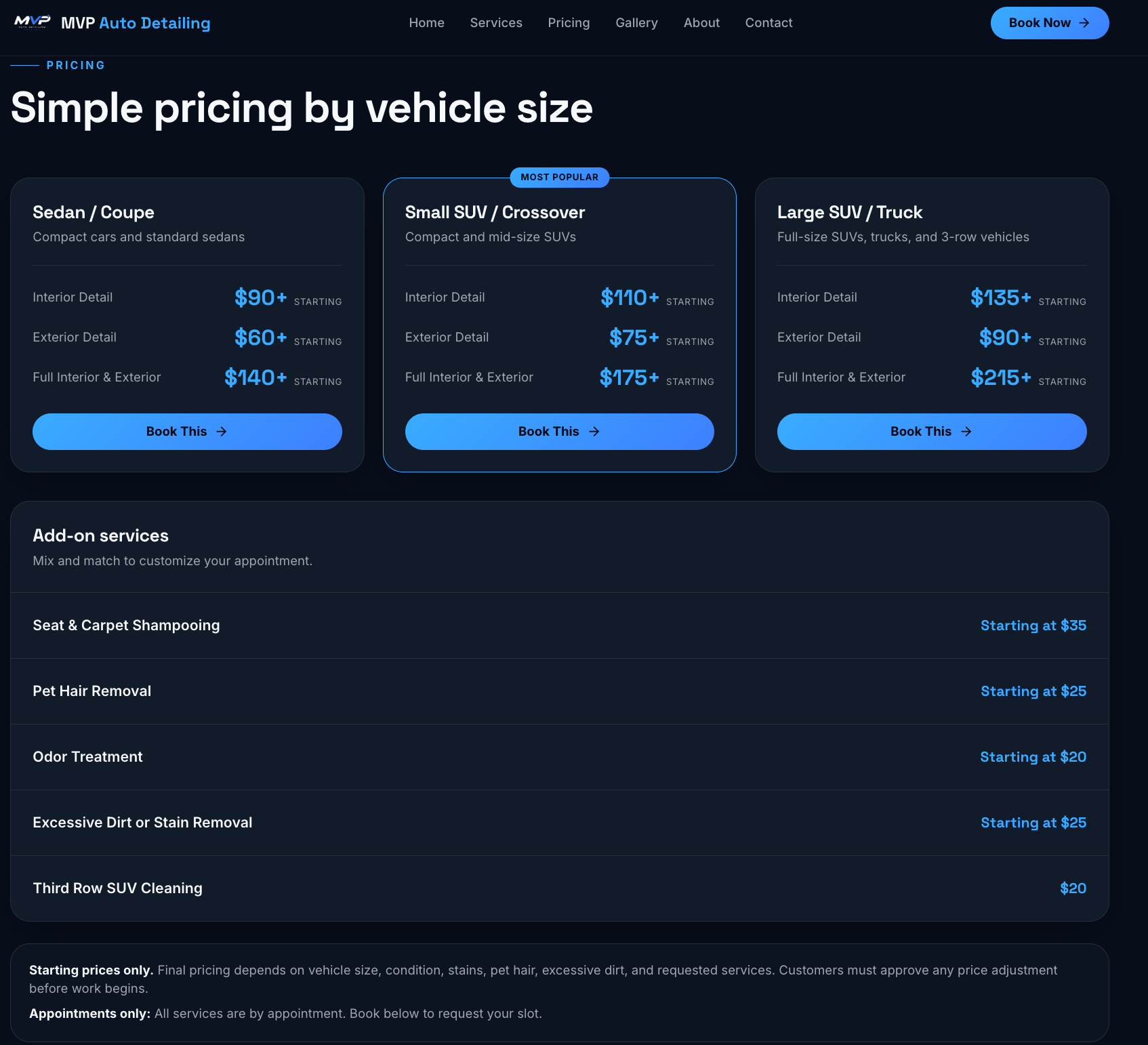 MVP Auto Detailing pricing section