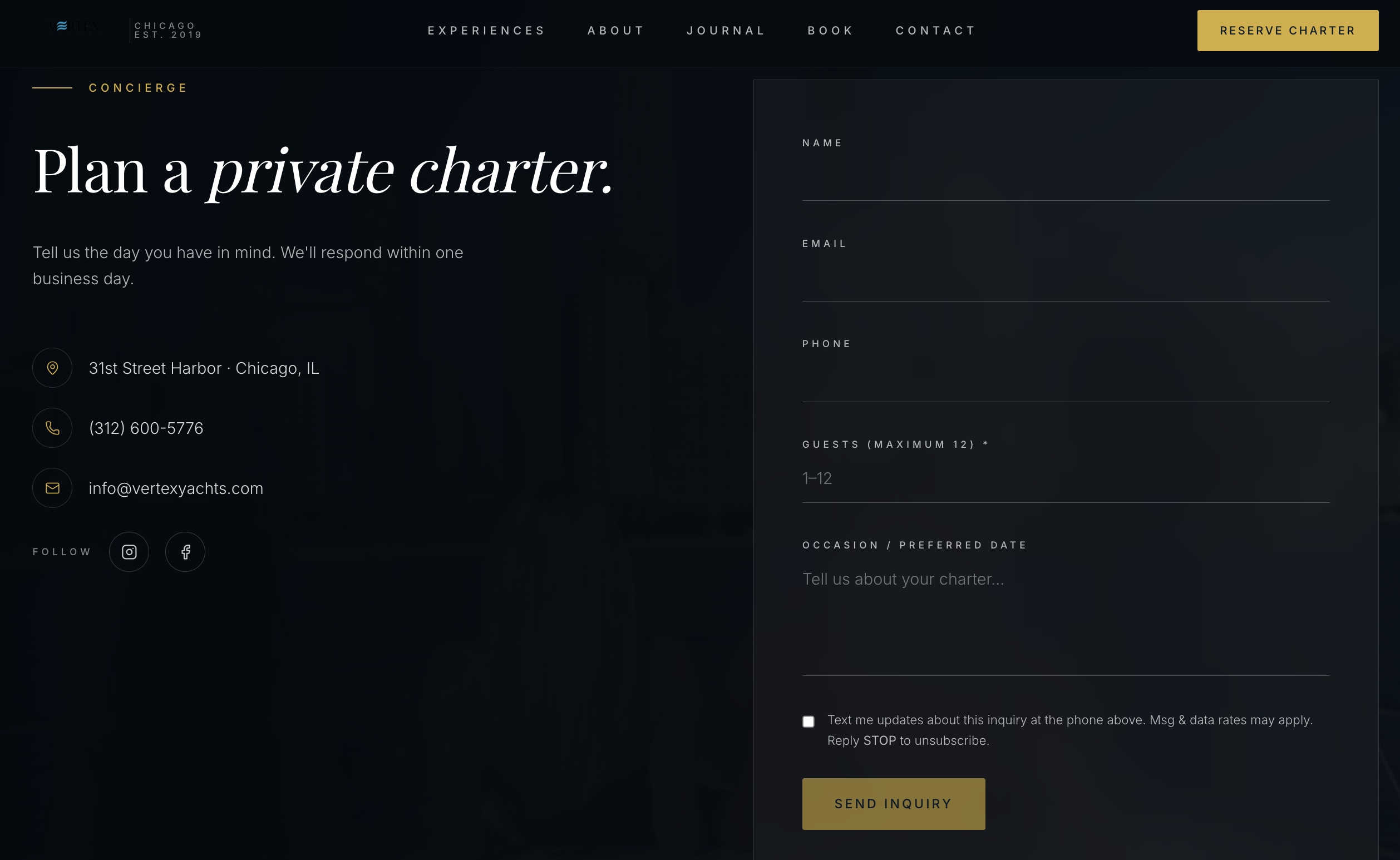 Vertex Yachts booking and inquiry page